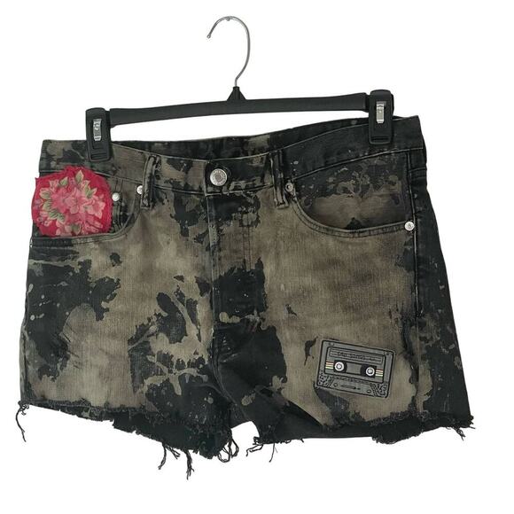 Madam P Acid Dyed Upcyled Patchwork Black Jean Shorts Gothcore sz. 31 #AM - Picture 1 of 10